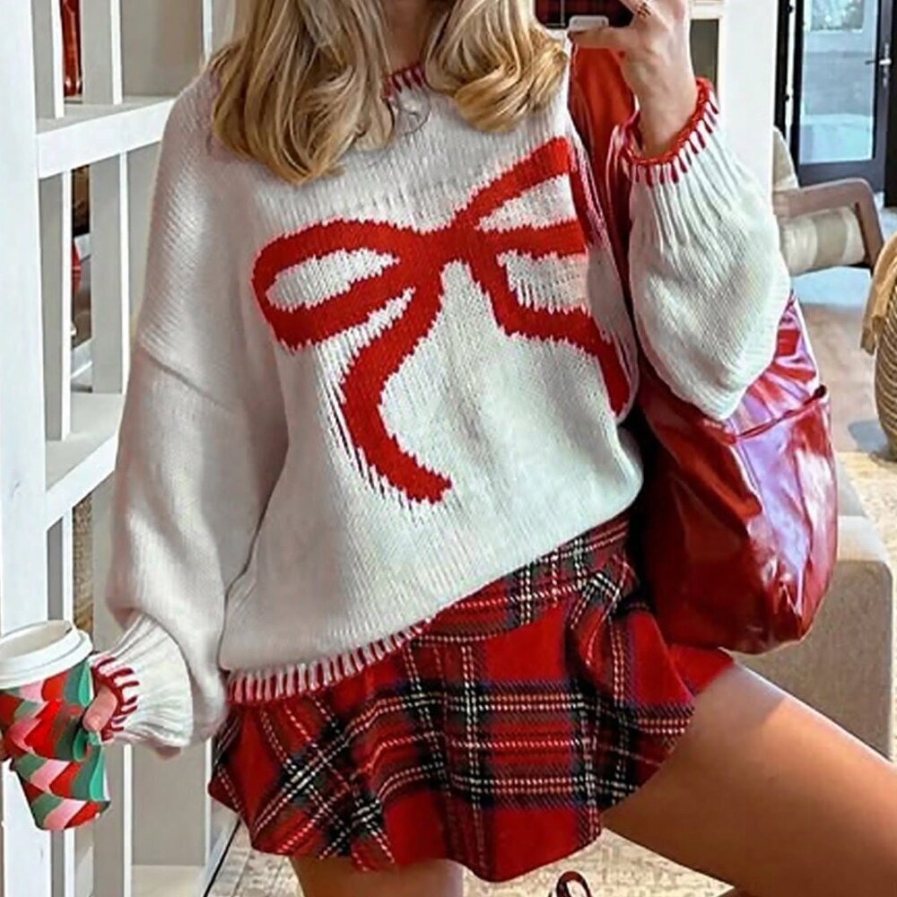White Casual Long Sleeve Women's Sweater with Bow Decor